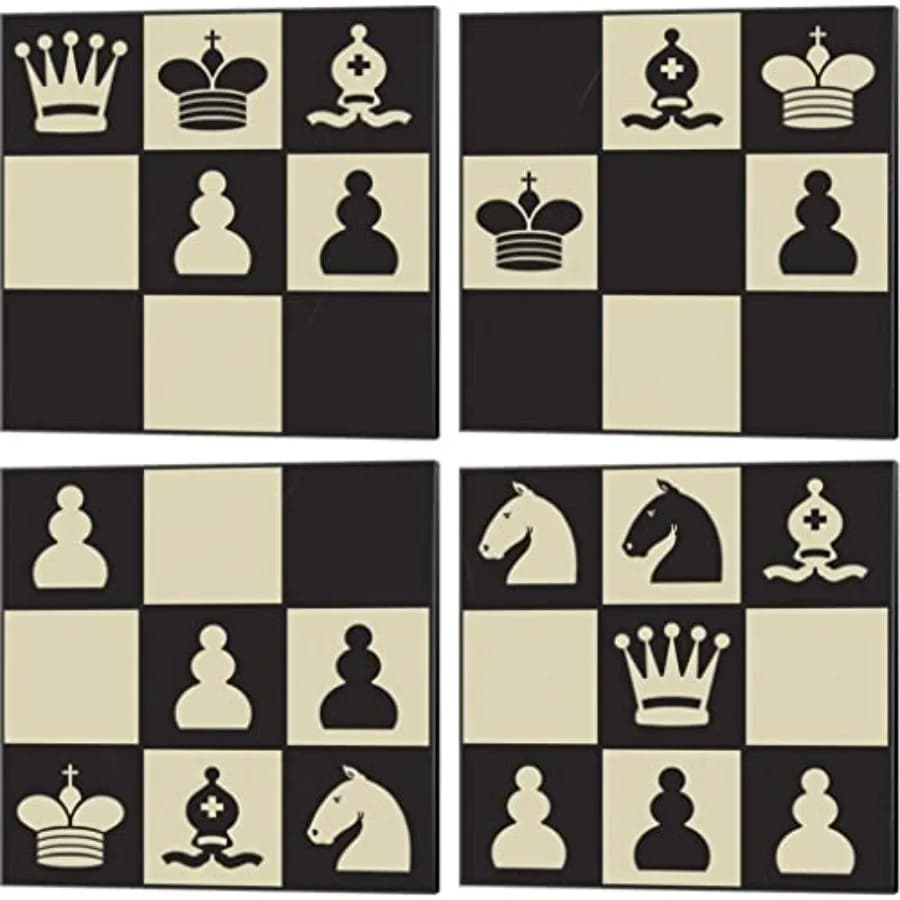 Set di Quadri su Tela con Puzzle di Scacchi di Jacob Green, 4 Pezzi, 10 x 10 Pollici Ciascuno, Arte Moderna per Arredamento Casa, Bianco e Nero, Alta Risoluzione