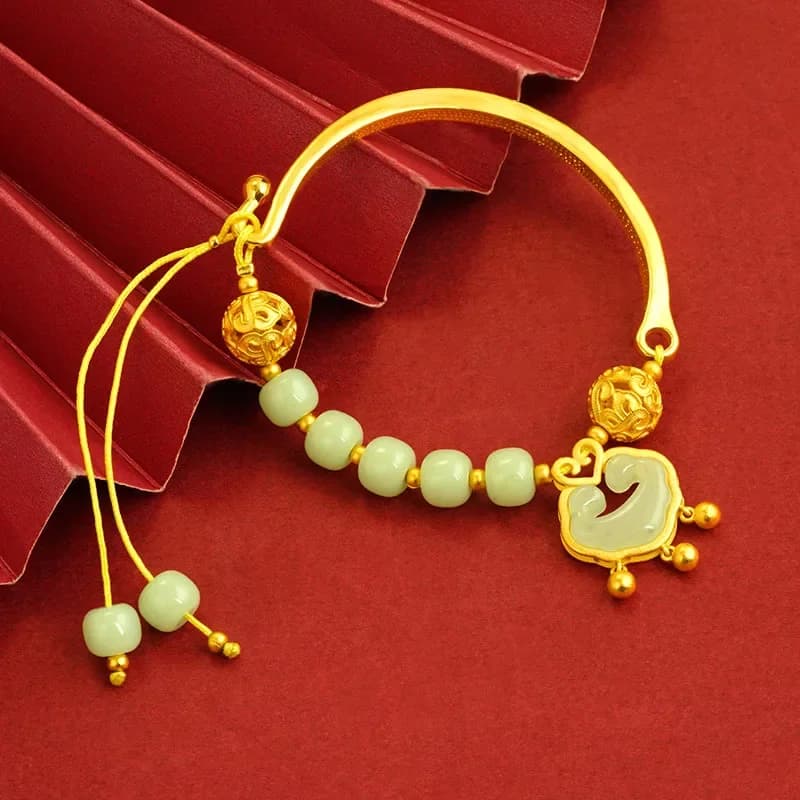 Bracciale cinese alla moda Ruyi Lock Palace Bell, pietra preziosa sintetica regolabile, gioielli antichi da donna in vera lega placcata oro