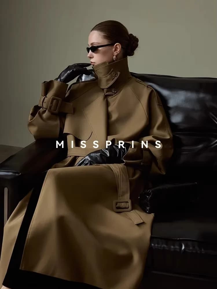 Lautaro Primavera Autunno Trench lungo kaki per donna Cintura doppio petto Chic Designer di lusso Abiti di moda europei 2025