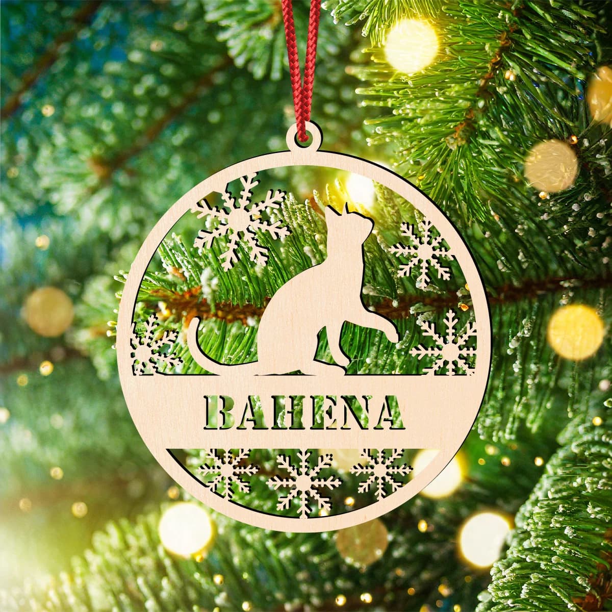 Personalized Custom Name Cat Wooden Christmas Ornament Laser Cut Snowflake Round Hanging Bauble Xmas Tree Pendant Pet Lover Gift