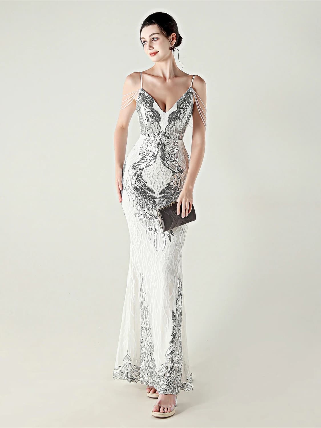 Elegant Long Tail Fishbone Women's Dress Luxury Sensation Sexy Mid-Waist Zipper Style Diamond Embroidery Cotton Polyester Blend