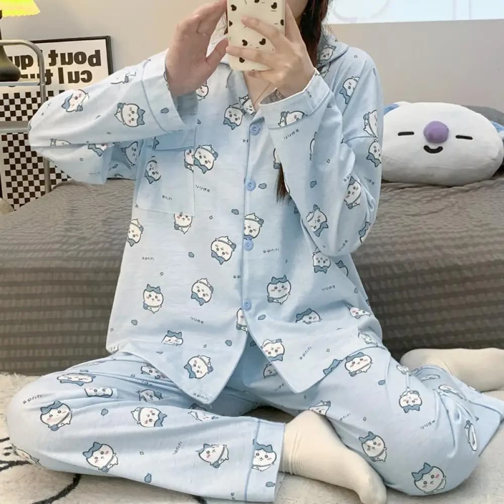 Cute Pajamas Set Anime Chiikawa Kawaii Women Usagi Long Sleeved Pant Leisure Student Cartoon Comfort Loose Cute Girls Homewear