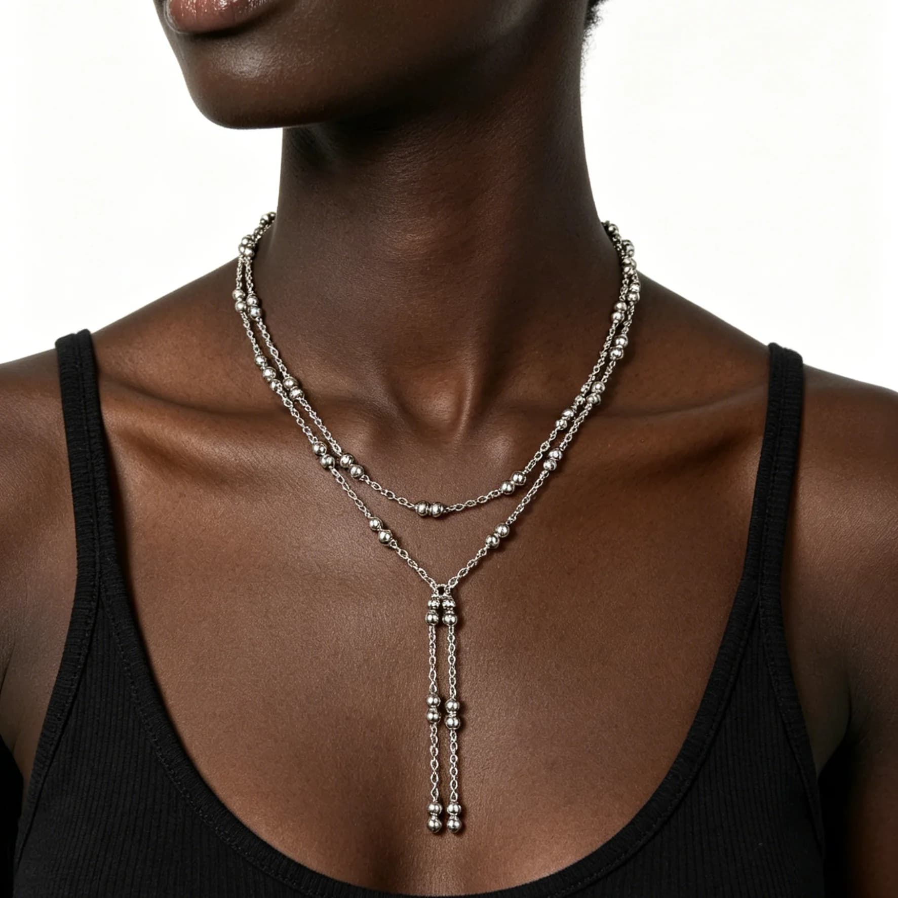 Collana Lunga Minimalista in Argento a Doppio Filo con Piccole Perline, Gioiello Unico in Stile Punk per Uomo e Donna NUOVO
