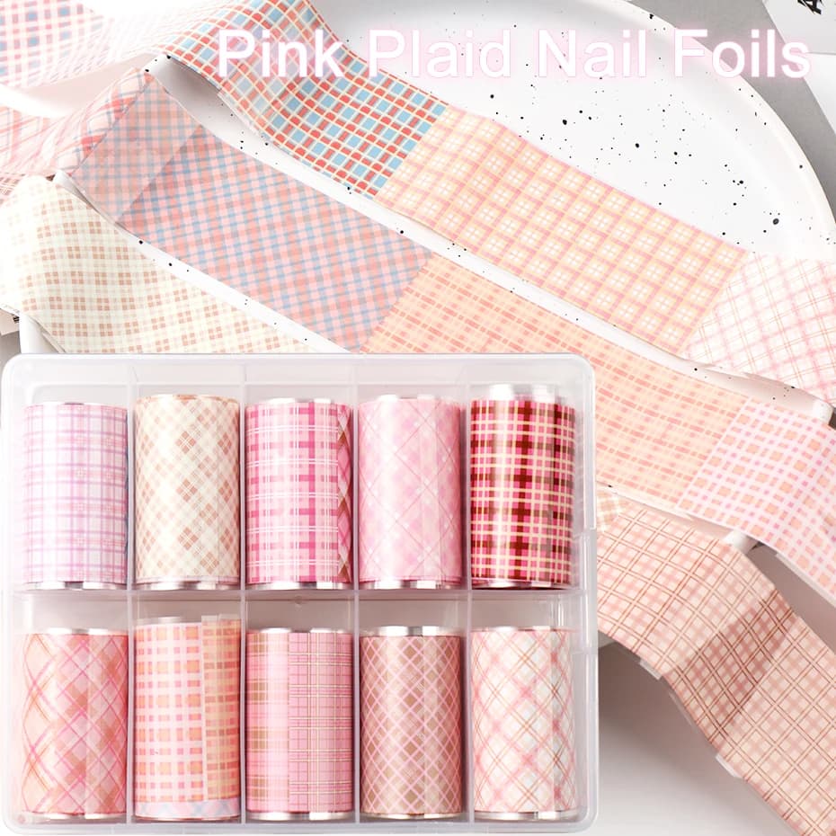 10pcs/Box Cute Pink Plaid Nail Art Foil Transfer Nail Stickers Geometric Stripe Film Nail Foils Decorations Manicure Accessories
