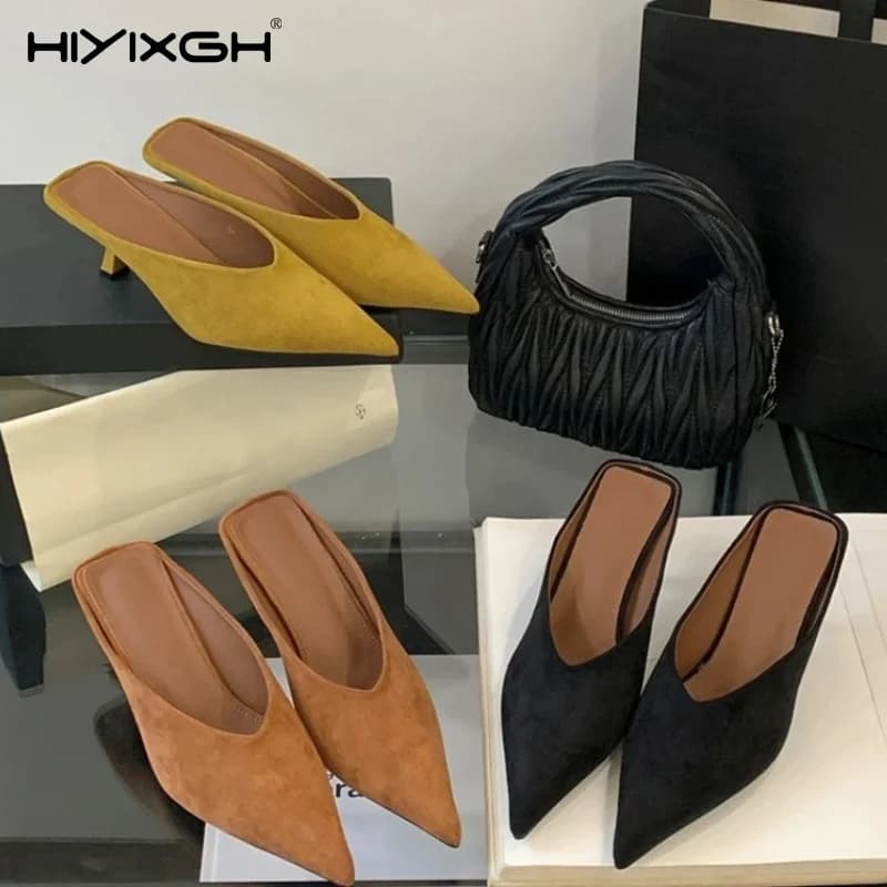 Summer Fashion Thin Mid Heels Women Slippers Elegant Pointed Toe Party Dress Mule Slides Shoes Zapatos Mujer