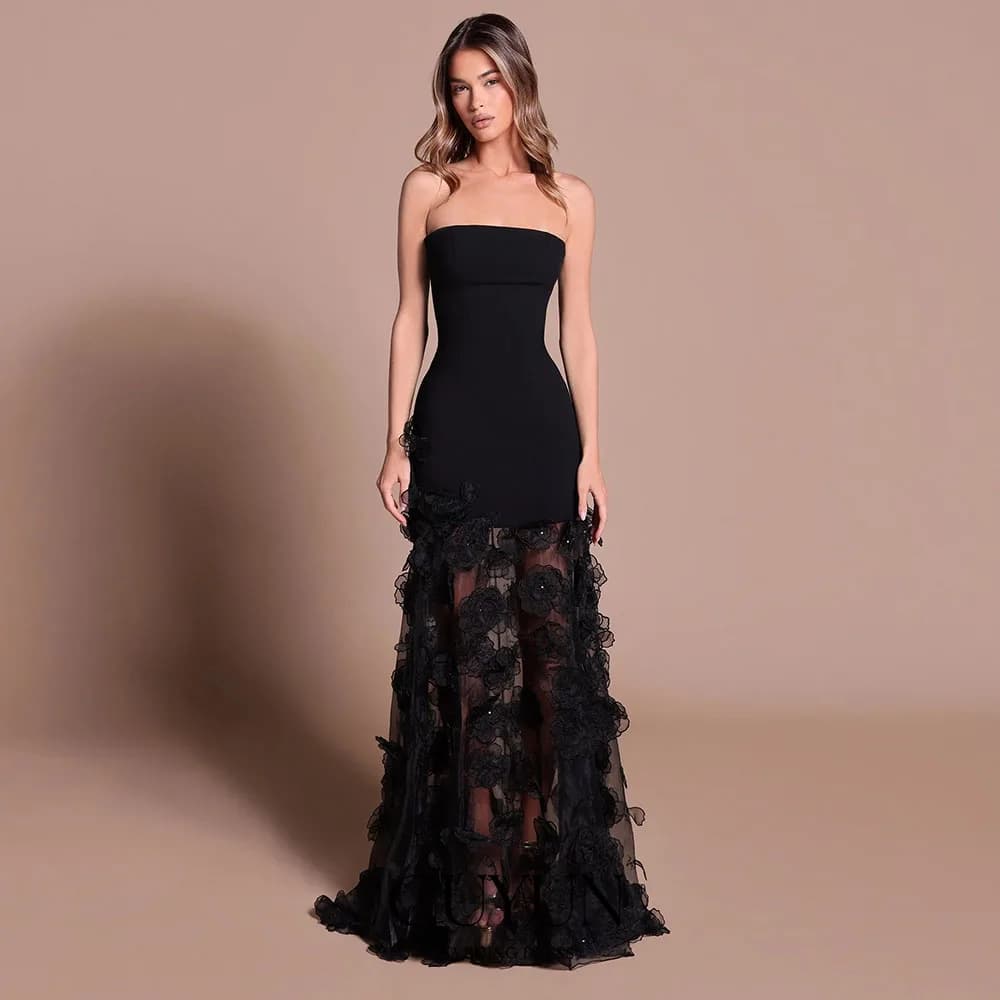 CUYUN Abiti da ballo di lusso personalizzati con fiori Abito da sera nero senza spalline con corsetto sul retro per abito da festa lungo per occasioni speciali