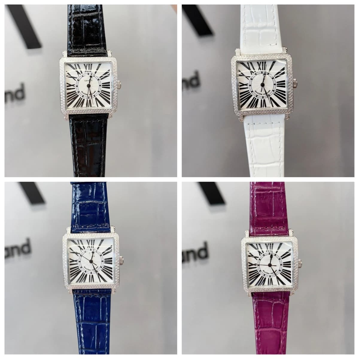 Nuovo Orologio da Donna al Quarzo con Quadrante Grande Quadrato, Ghiera Completamente Diamantata, Superficie Colorata Casual e Design a Croce FM Personalizzato