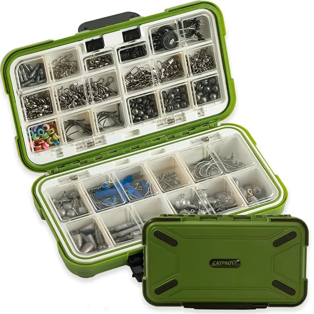 Kit da pesca in acqua dolce da 397 pezzi con scatola porta attrezzi impermeabile – Set compatto di esche per persico e trota per principianti e pescatori professionisti