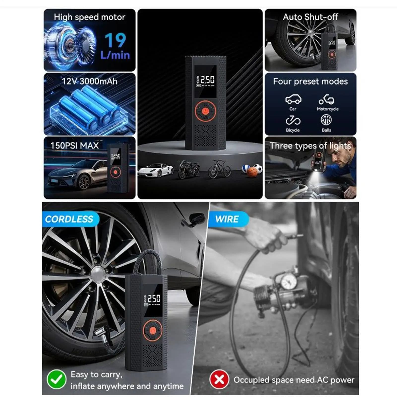 Gonfiatore per pneumatici con misuratore digitale Gonfiatore per pneumatici portatile ricaricabile per auto per scooter elettrico per veicoli da bici da moto