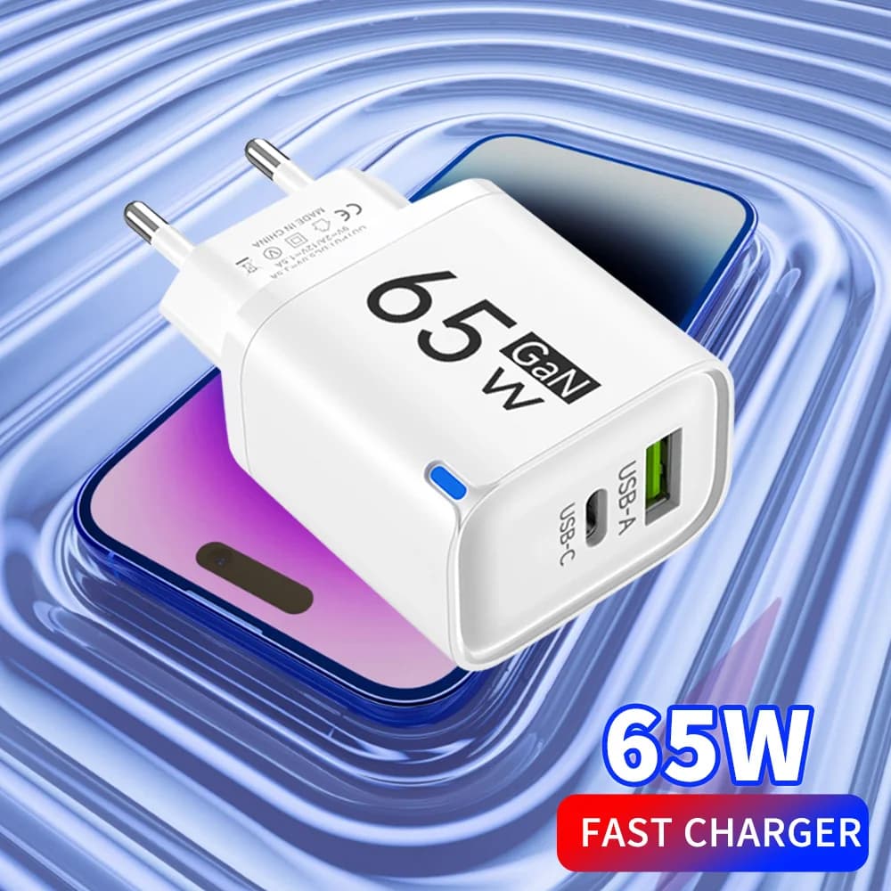 65W GaN USB Charger Type C Fast Charging Mobile Phone Charger Adapter For iPhone 16 15 Samsung Huawei EU/US/UK Plug Wall Charger