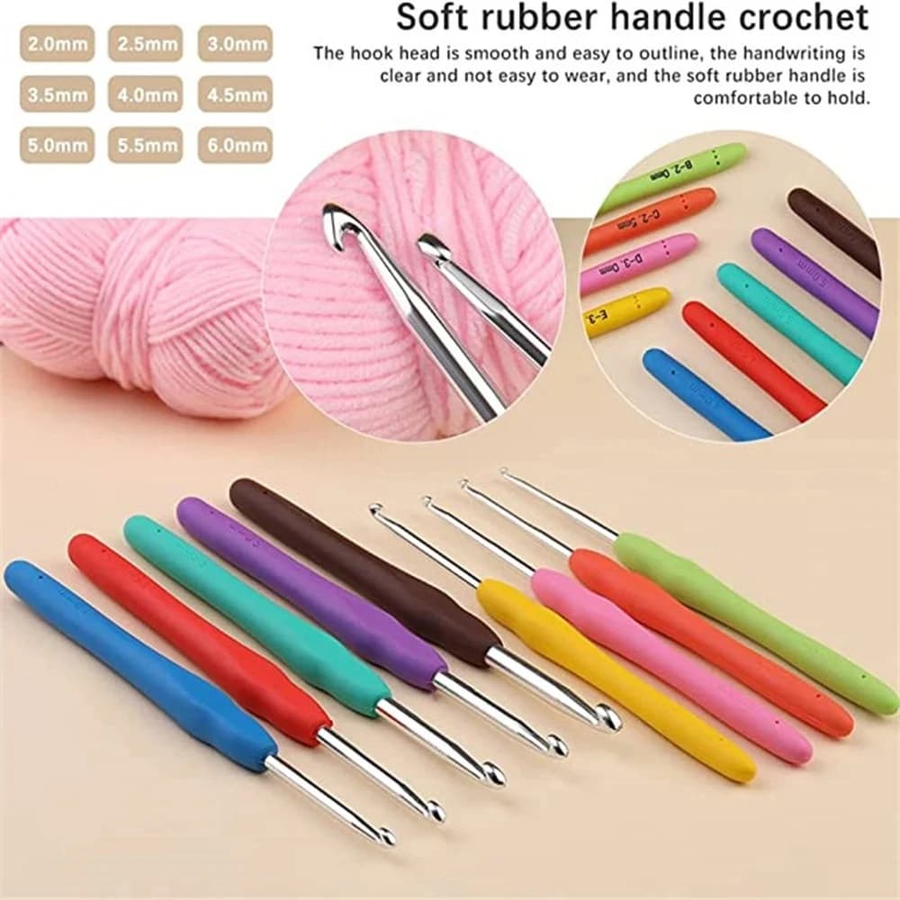 Tpr Crochet 2.0-6.0mm 9 pezzi Manico morbido Crochet intrecciato a mano Arcobaleno Manico morbido Crochet Set all'uncinetto in alluminio Ago da maglia
