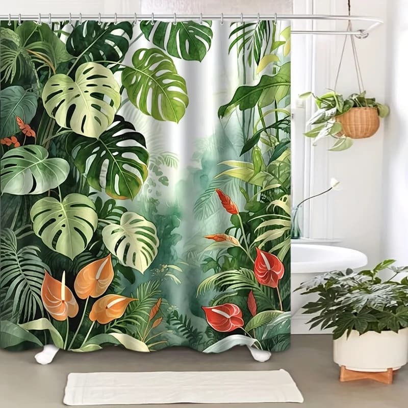 2D Flat, 1pc with Hook, Beautiful Leaf Pattern 2D Flat Printed Shower Curtain, High-end Elegant, Machine Washable, Suitable for