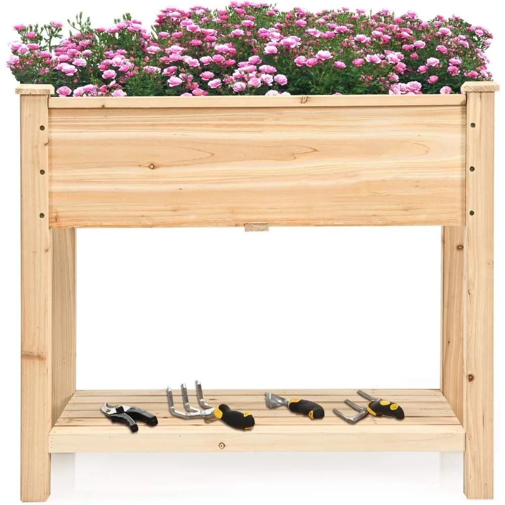 Cedar wood raised planter with storage shelf and legs, for outdoor gardening