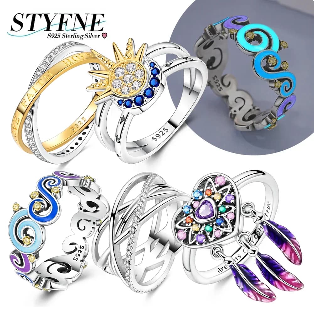 Anello da dito originale in argento sterling 925 con sole, luna, cuore, zircone lucido, anelli luminosi acchiappasogni per regali di gioielleria raffinata da donna