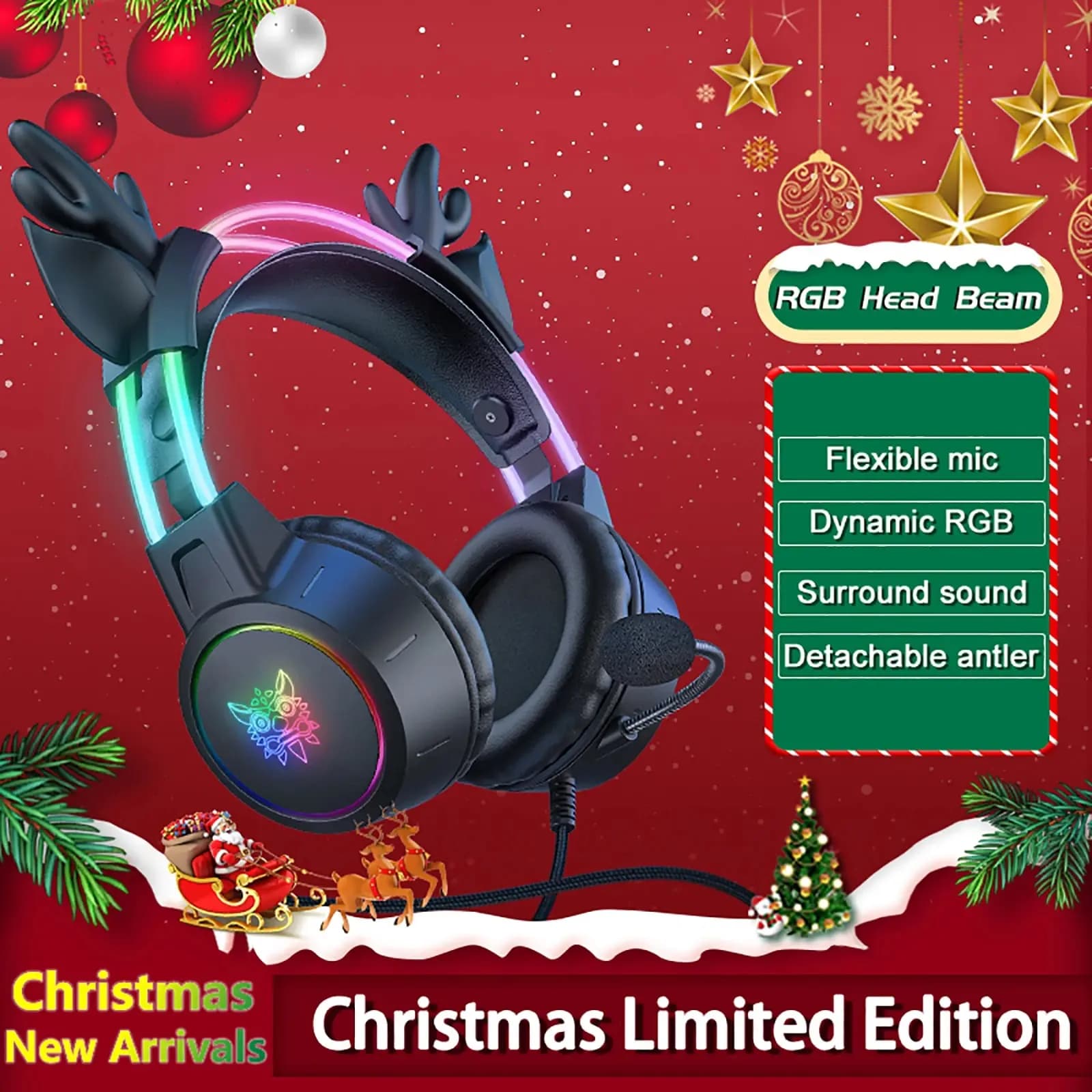 ONIKUMA gaming headphones for 2024 new Christmas gift with support Antlers removable headphones with light RGB noise cancellation with microphone