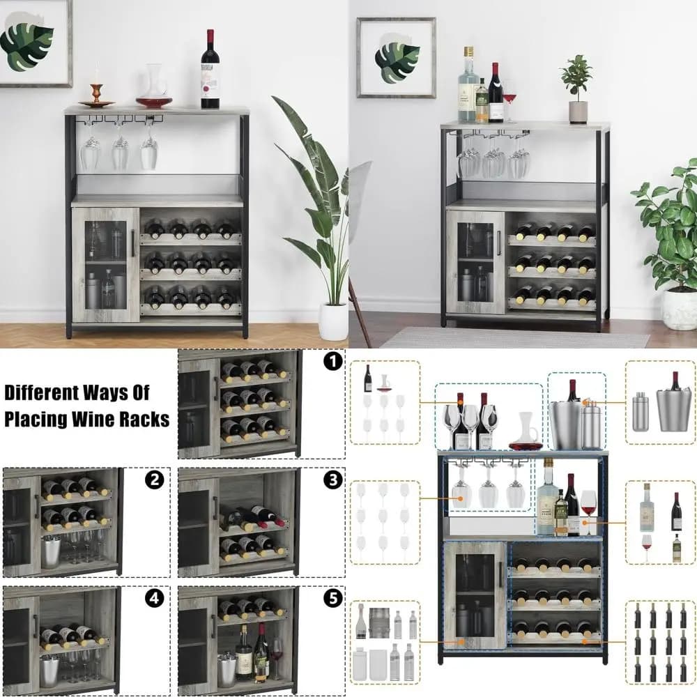 Grey Detachable Wine Rack Cabinet, Glass Holder Bar Shelf, Compact Sideboard with Mesh Door