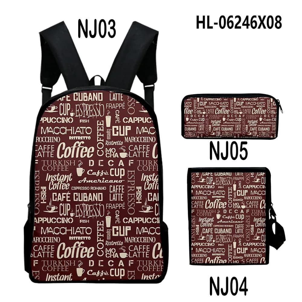 Cartoon Novelty Cool Text coffee 3D Print 3pcs/Set pupil School Bags Laptop Daypack Backpack Inclined shoulder bag Pencil Case