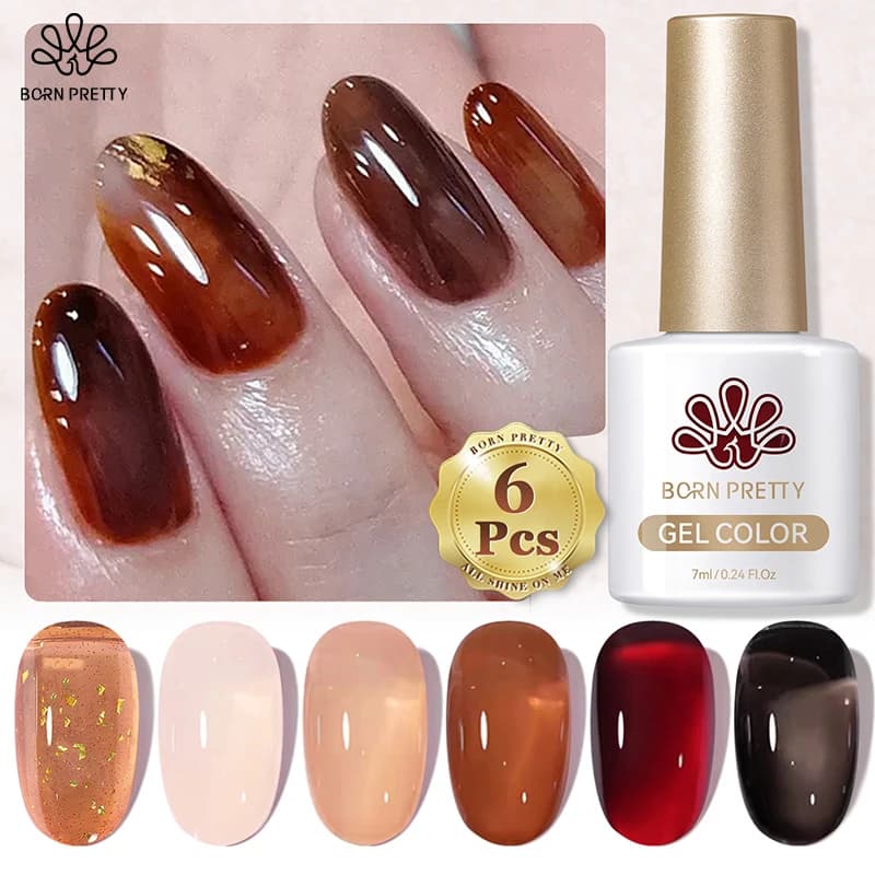 BORN PRETTY Kit Smalto Gel per Unghie Collezione Colori Rosso Marrone Nude Rosa Set Manicure Semi-Trasparente Nude Naturale 6 Pezzi