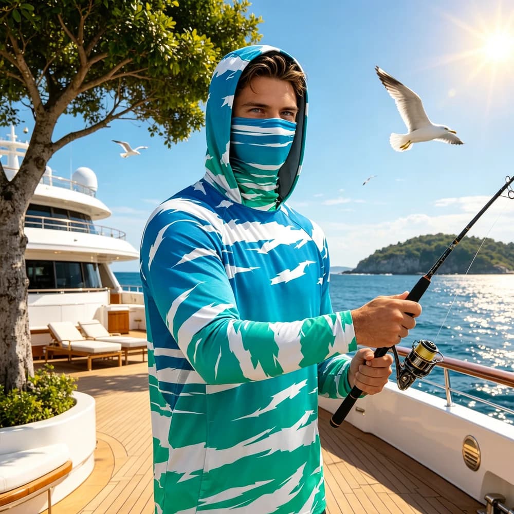 Felpa da Pesca per Uomo con Maniche Lunghe e Maschera Integrata, Protezione UV, Asciugatura Rapida, Traspirante, Leggera, Ideale per Pesca e Campeggio