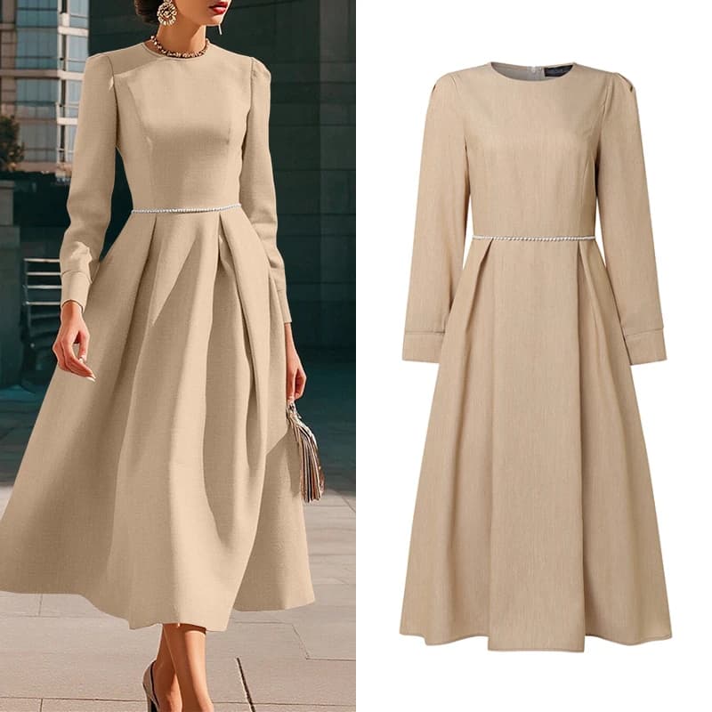 ZANZEA Women's Elegant Midi Dresses O-Neck Long Sleeve A-Line Long Dress with Pearls Detail Inverted Pleats Office Robes Femme