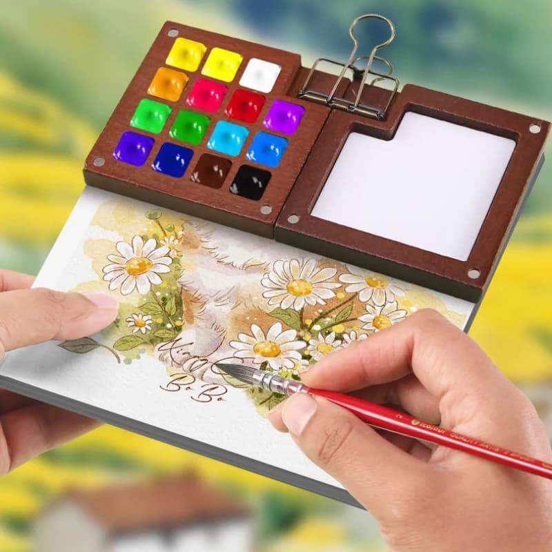 Portable Travel Sketchbook Palette,8/15 Grid Mini Walnut Paint Box Travelling Watercolor Case for Drawing,Student Out Painting