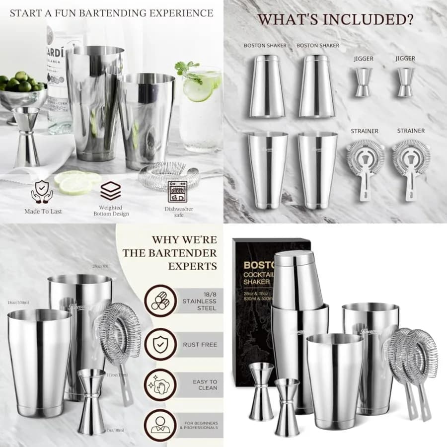 Set Shaker per Cocktail Boston, Kit Professionale da Barman 8 Pezzi con Mixer per Martini in Acciaio Inox, Strainer Hawthorne, D