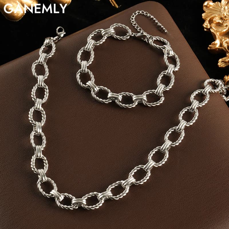 GANEMLY 316L Stainless Steel Metal Chokers Necklace Bracelet Set For Women New Collar Chains Waterproof Jewelry Femme Gift