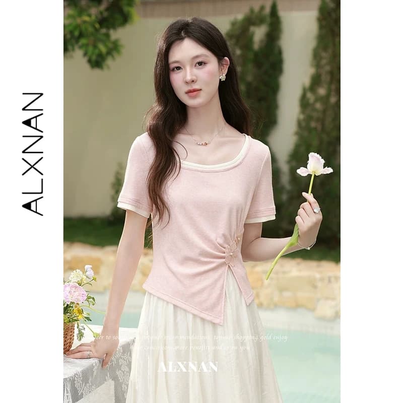 T-shirt Rosa da Donna ALXNAN Estate 2026, Maglietta a Maniche Corte con Spacco Irregolare, Top Casual Elegante alla Moda per Donna L65711