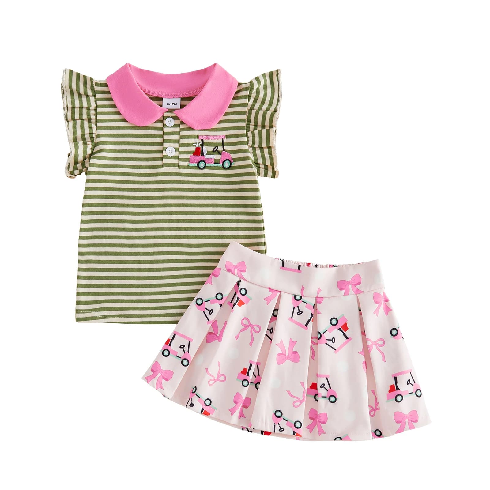Adorabile Completo Primaverile per Bambine con Design Giocoso a Forma di Golf Cart su Camicetta a Righe e Gonna Plissettata