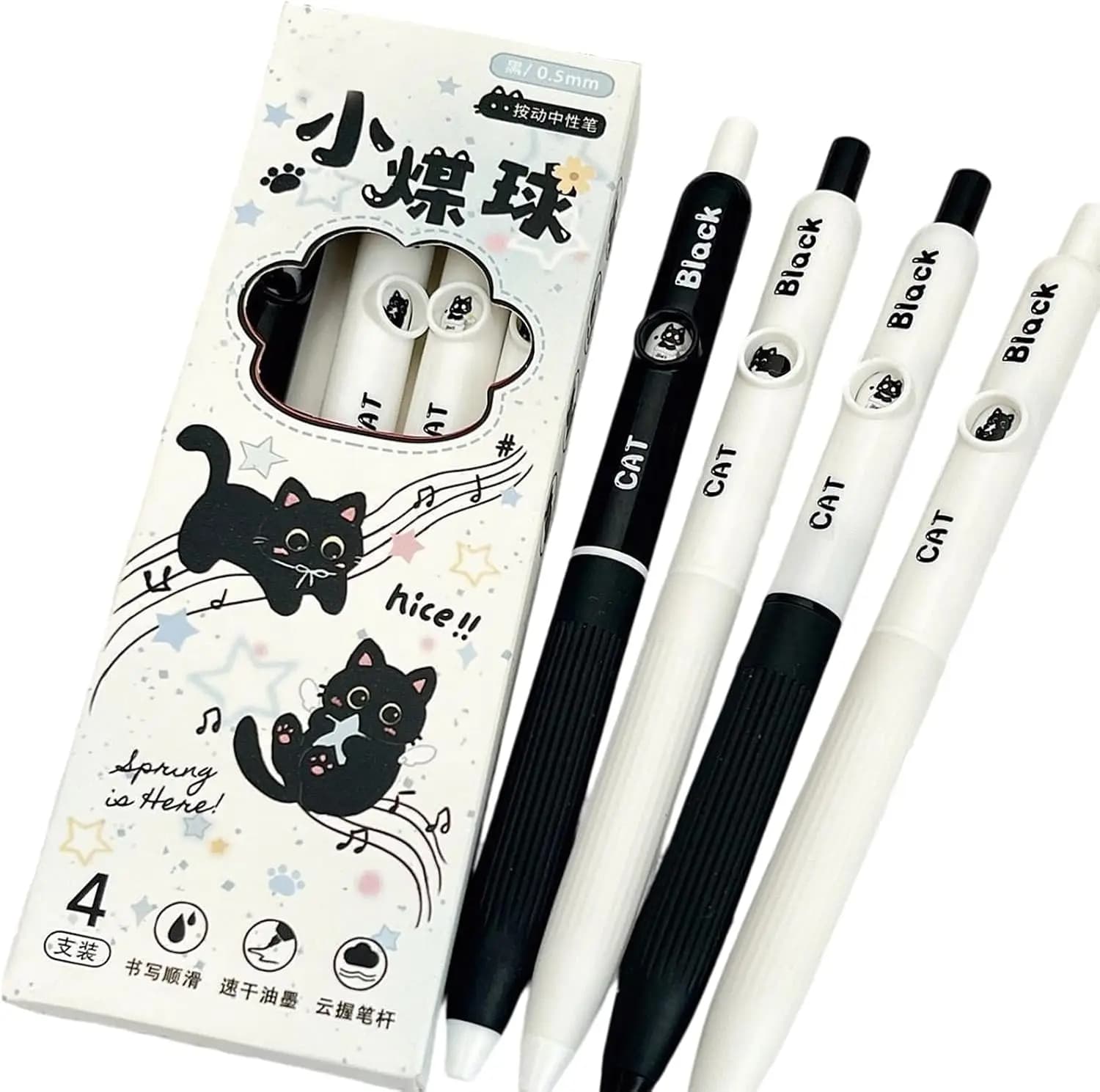 4 Pcs Gel Pens Cute Retractable Pens Cartoon Black Cat Pens 0.5mm Black Ink Writing Pen for Women Girls Aesthetic Pen Office