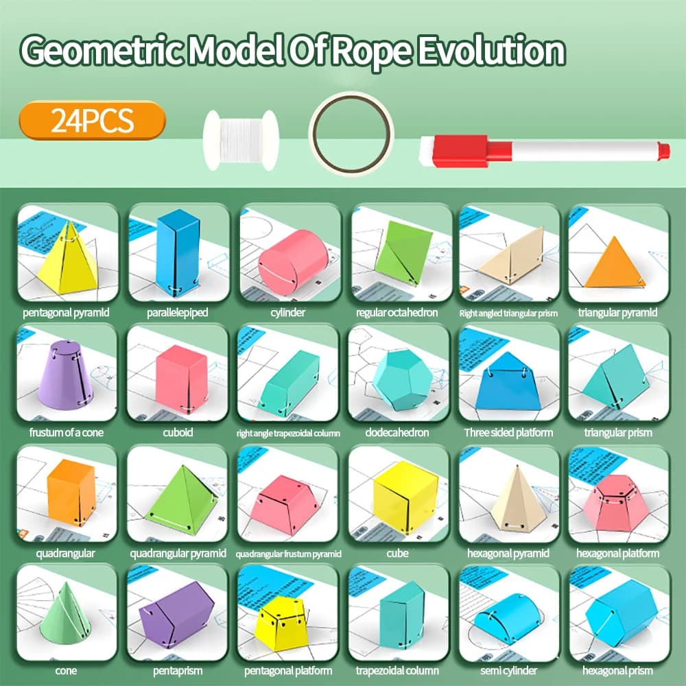 24 models of transformation of geometric shapes with strings to pull for mathematical education in class and the visual demonstration tool