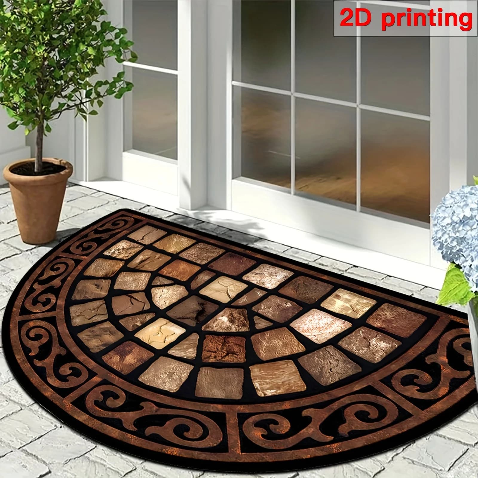 Rustic Stone Mosaic Pattern Half Round Door Mat 2D Printing Non Slip Washable Resistant Easy Clean Entryway Rug for Home Decor
