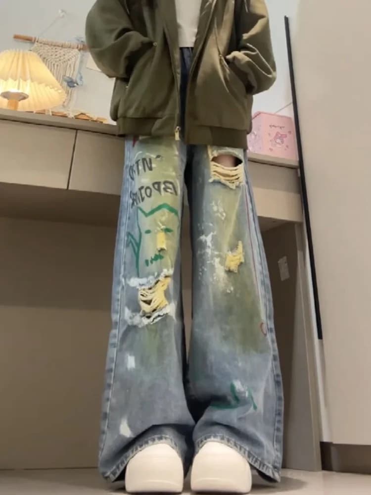 American Retro Graffiti Print Hole Denim Jeans Women's High Waist Loose Straight Leg Pants Dream of Pants Series Soft Denim