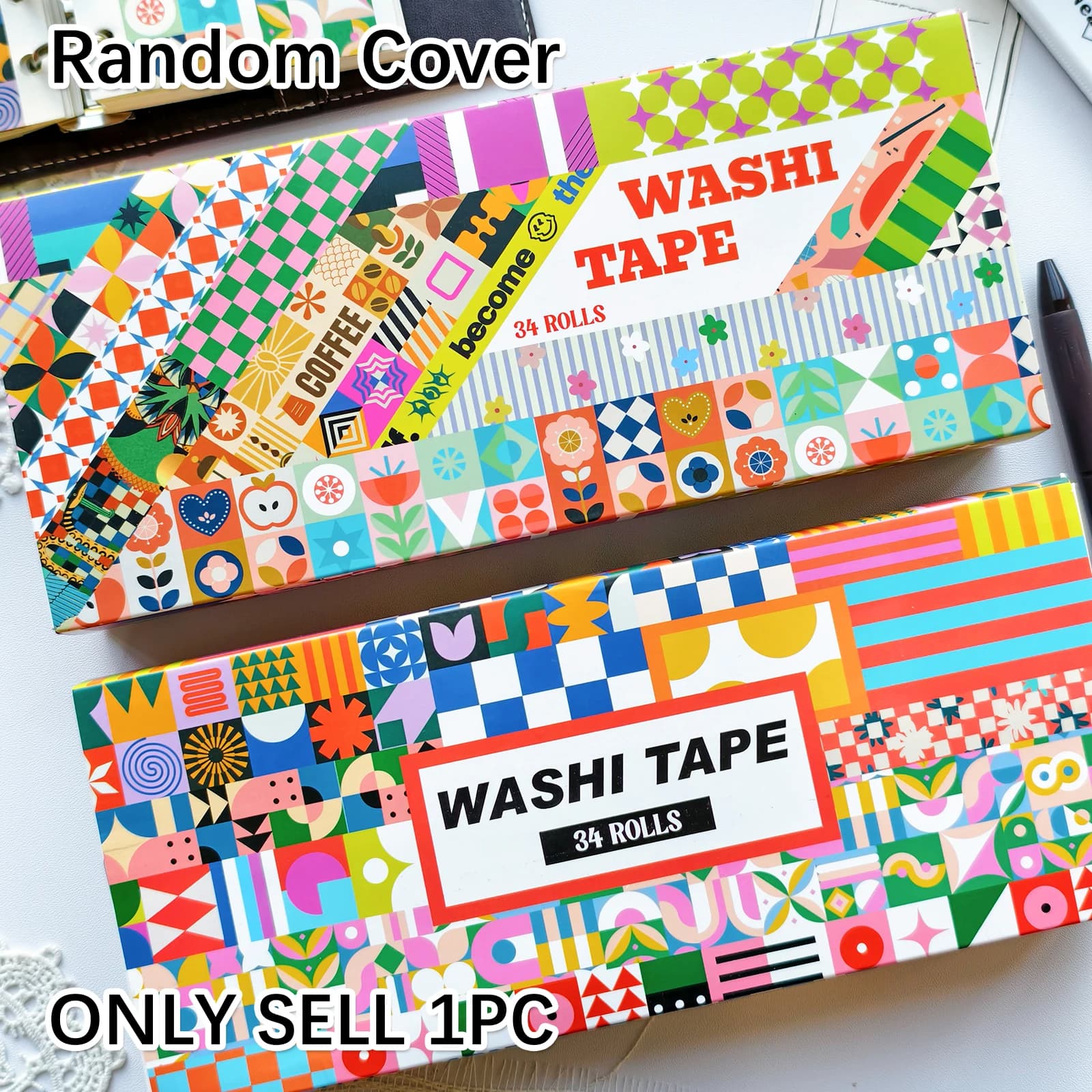 Random Cover 34 Rolls Aesthetics Washi Tape, Geometric Design Decorative Tape for Scrapbook Junk Journal Planners DIY Art Craft