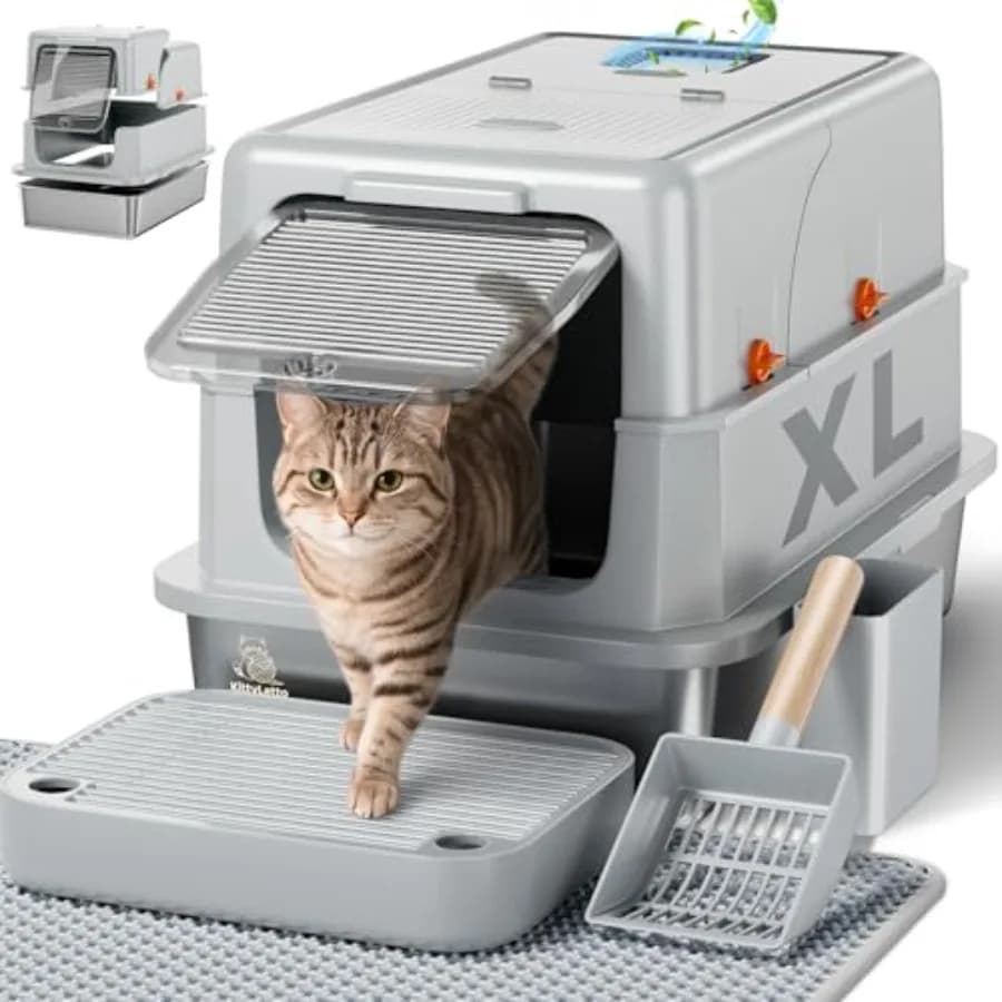 Stainless Steel Litter Box with Lid - XL Enclosed Litter Box for Cats with Collecting Mat - 4 Way Setup Fully Closed, Semi Low,