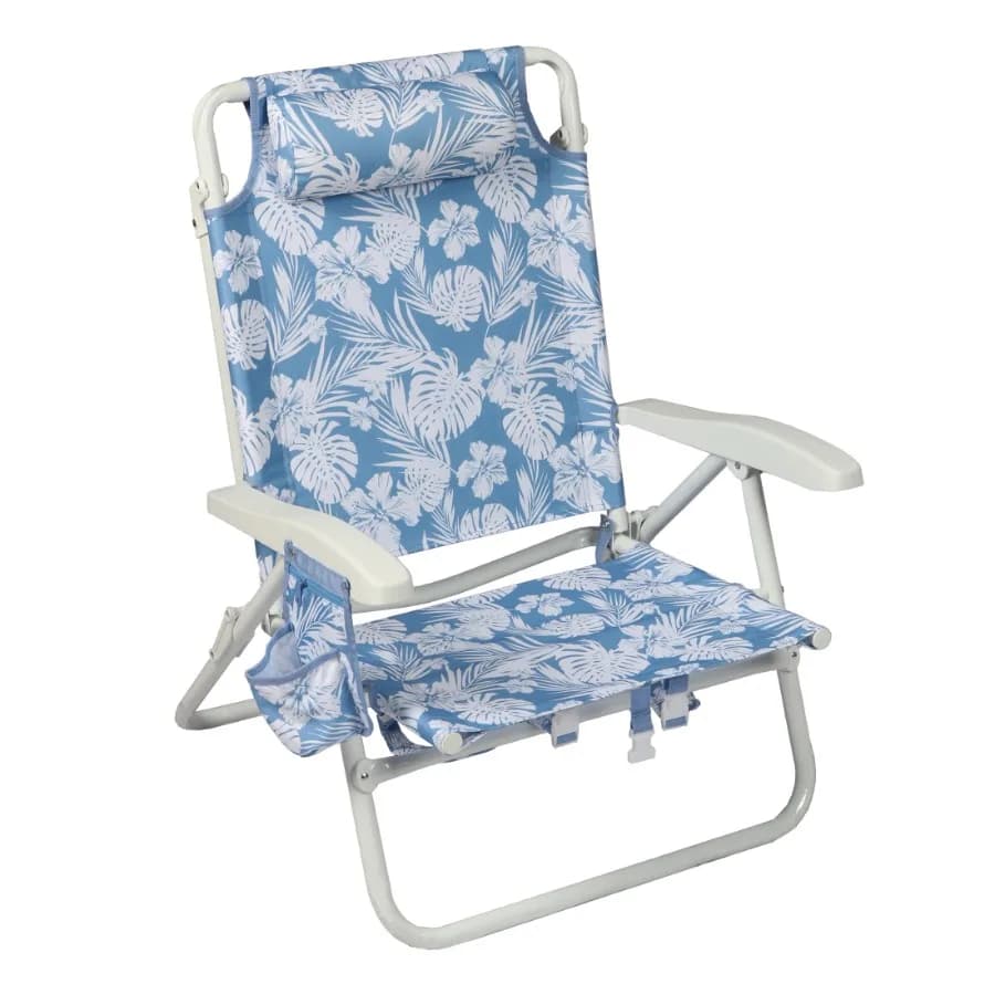 Sedia da spiaggia reclinabile oversize con cinghie da zaino, stampa palme blu
