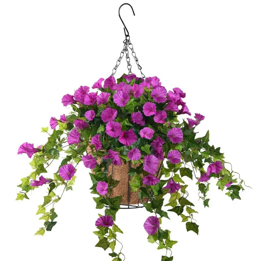 Artificial Flowers of Petunia in Silk with Pendant Plant in Basket, Basket with Cocco Fiber Coating for Patio, Lawn, Garden, Portico
