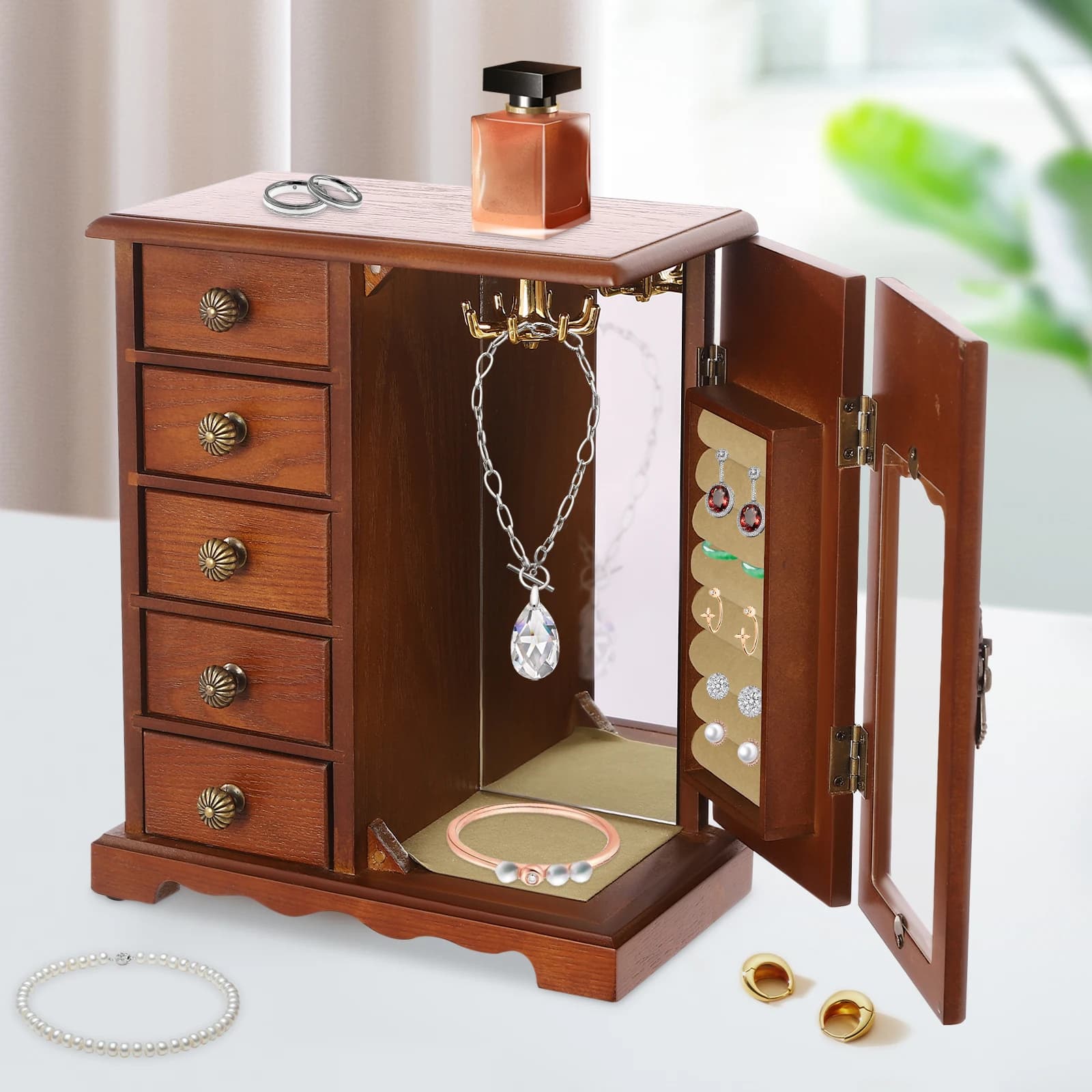 Wooden jewelry box with 5 drawers, vintage table organizer with showcase for necklaces and mirror rings for gift for women and girls