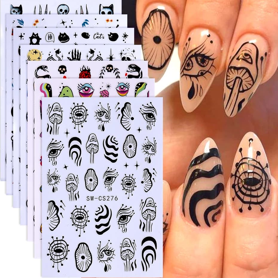 Set di 7 Adesivi 3D per Unghie a Tema Halloween: Occhio Malvagio, Fungo, Stella, Gatto, Serpente, Teschio - Decorazioni per Manicure e Nail Art