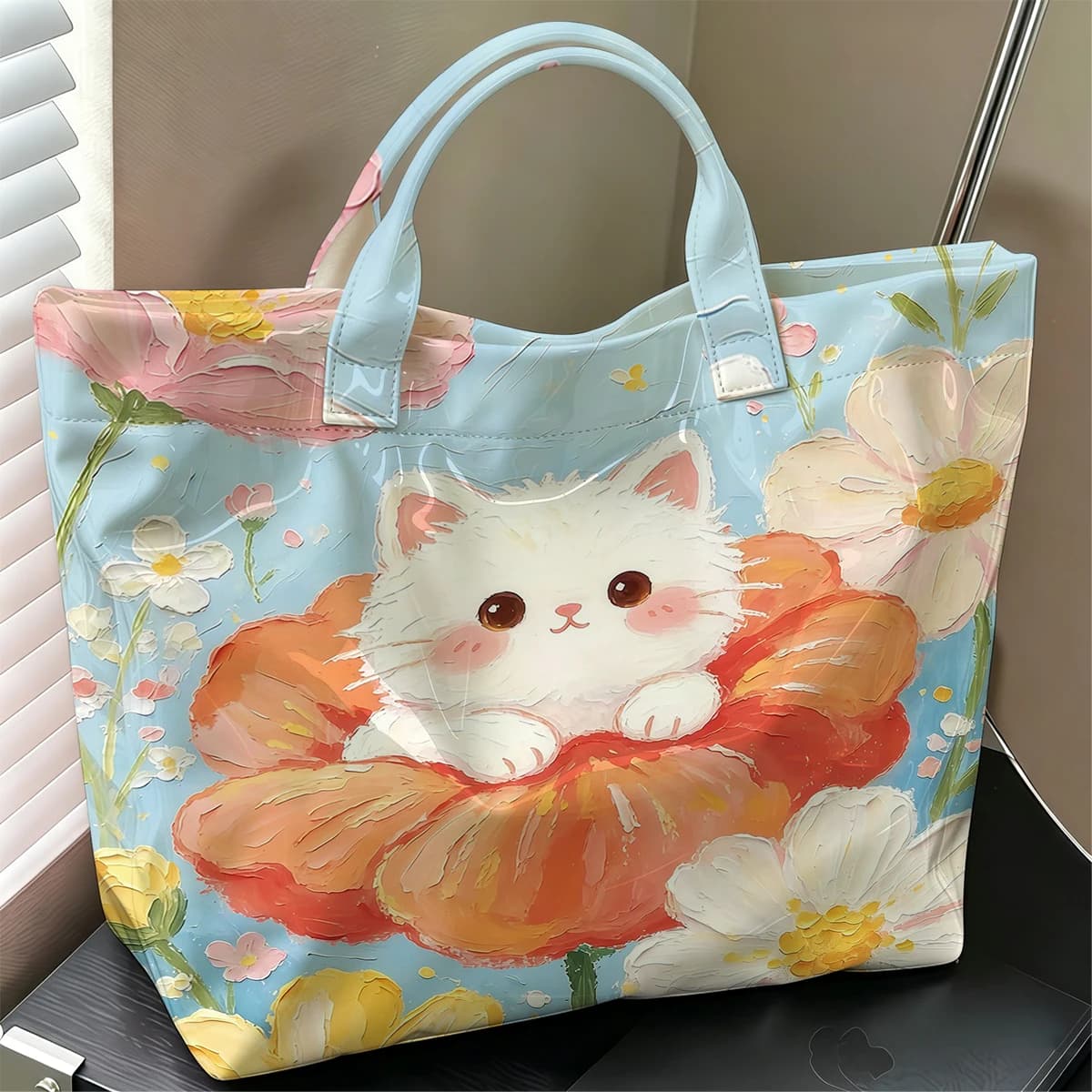 Flower White Kitty Hot Sale Large Glossy PVC Tote Bag Hand Washable Waterproof Great for Travel Commute Makeup Storage Handbags