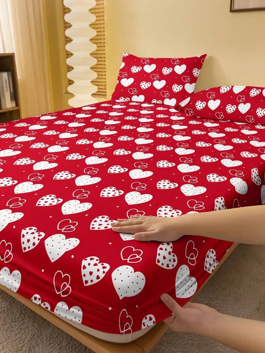 Red Heart Print Fitted Sheet For Adult Bed Mattress Cover