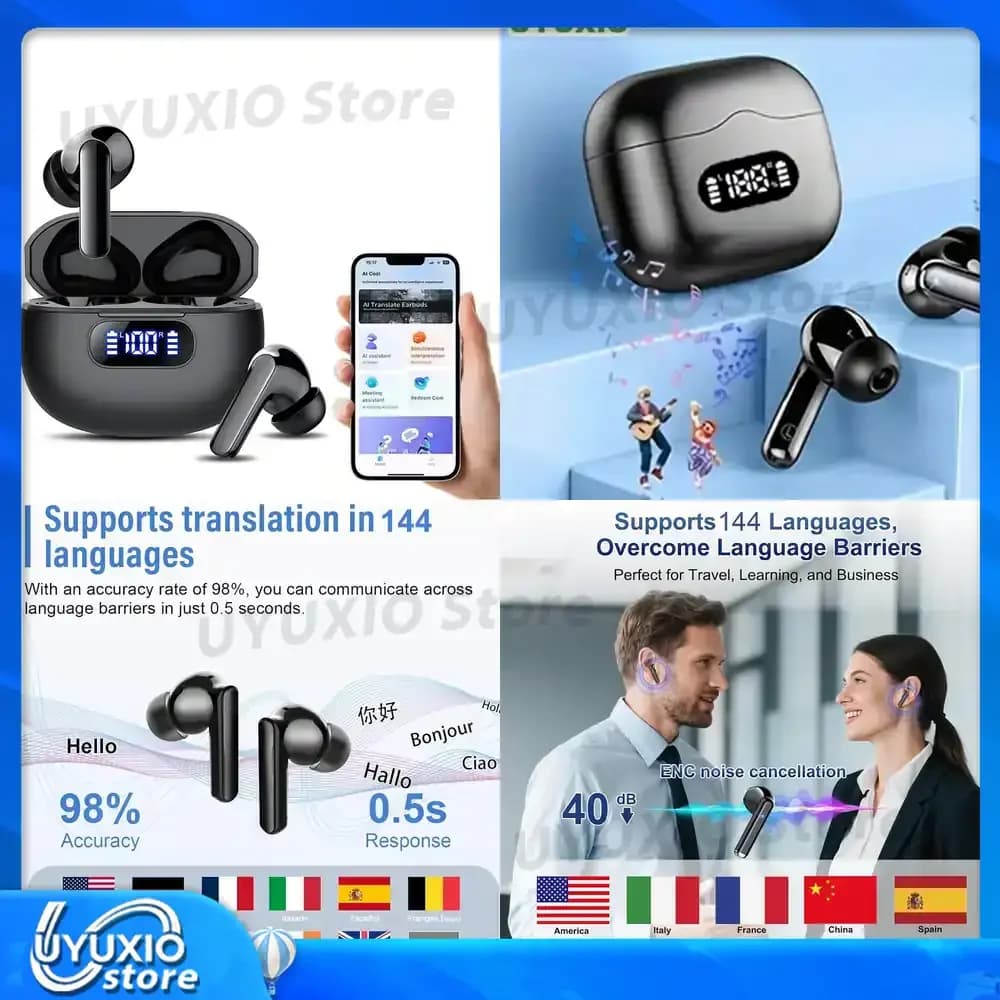 Auricolari Traduttori AI UYUXIO con Traduzione in Tempo Reale per 144 Lingue e Accenti, Compatibili con iPhone e Telefoni Android