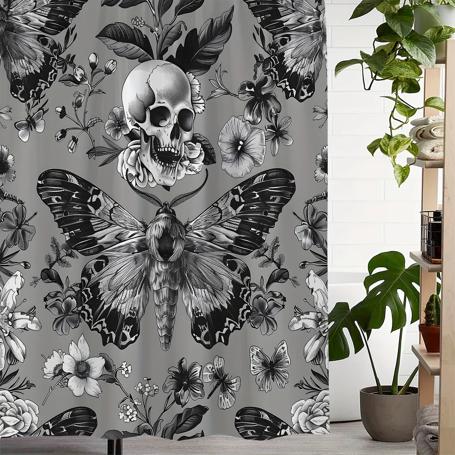 Tenda da doccia vintage con stampa teschio di farfalla di Halloween, include tenda da 12 ganci per finestre