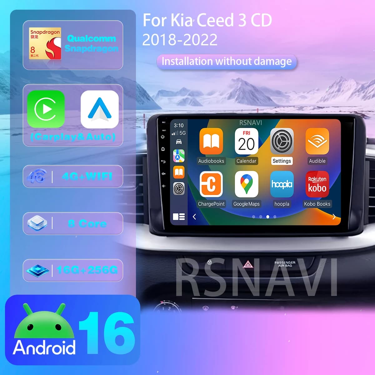 Autoradio Android 16 Snapdragon per Kia Ceed 3 CD 2018-2022 con Carplay, schermo 2K, lettore multimediale e navigazione wireless