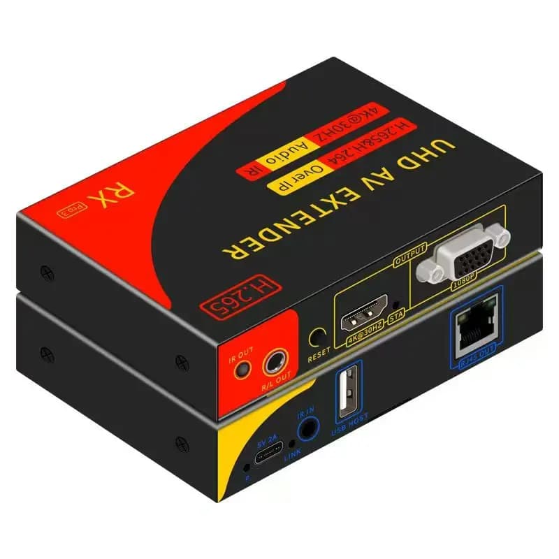 Extender KVM H.265 4K @ 30Hz 200M for USB HDMI transmitter on IP RJ45 Cat5e/6 With VGA Audio output added/remove incorporate