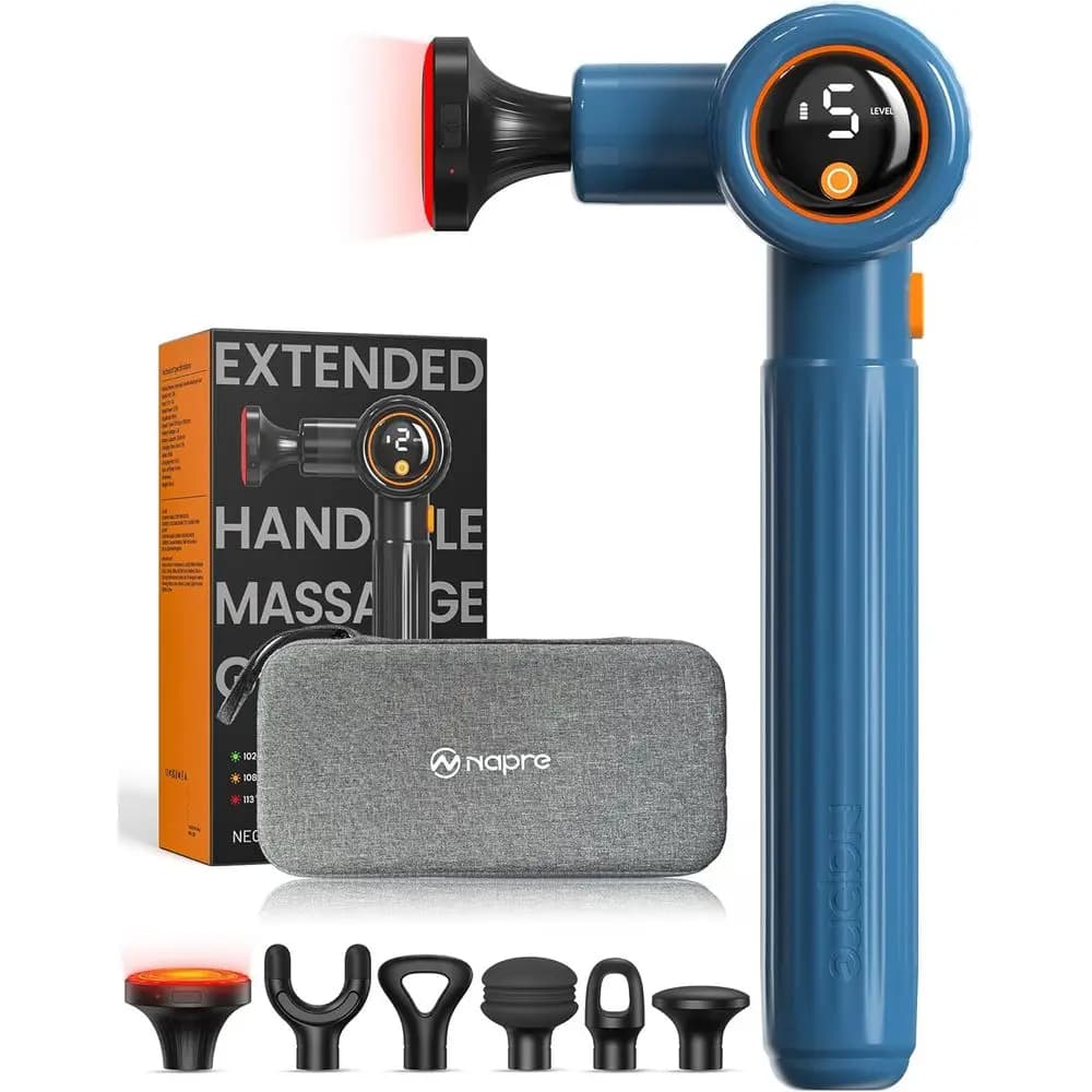 Deep Massage Gun Heated with Extensible Handle and 3 Adjustable Corners, Portable Device to Relieve Muscle Pain in Blue