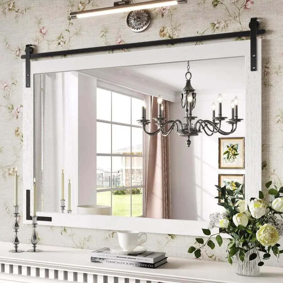 Specchio per Bagno 40x30 Pollici, Specchio Rustico con Cornice in Legno Bianco, Specchi Decorativi Rettangolari da Parete per Ingresso, Soggiorno, Camera da Letto