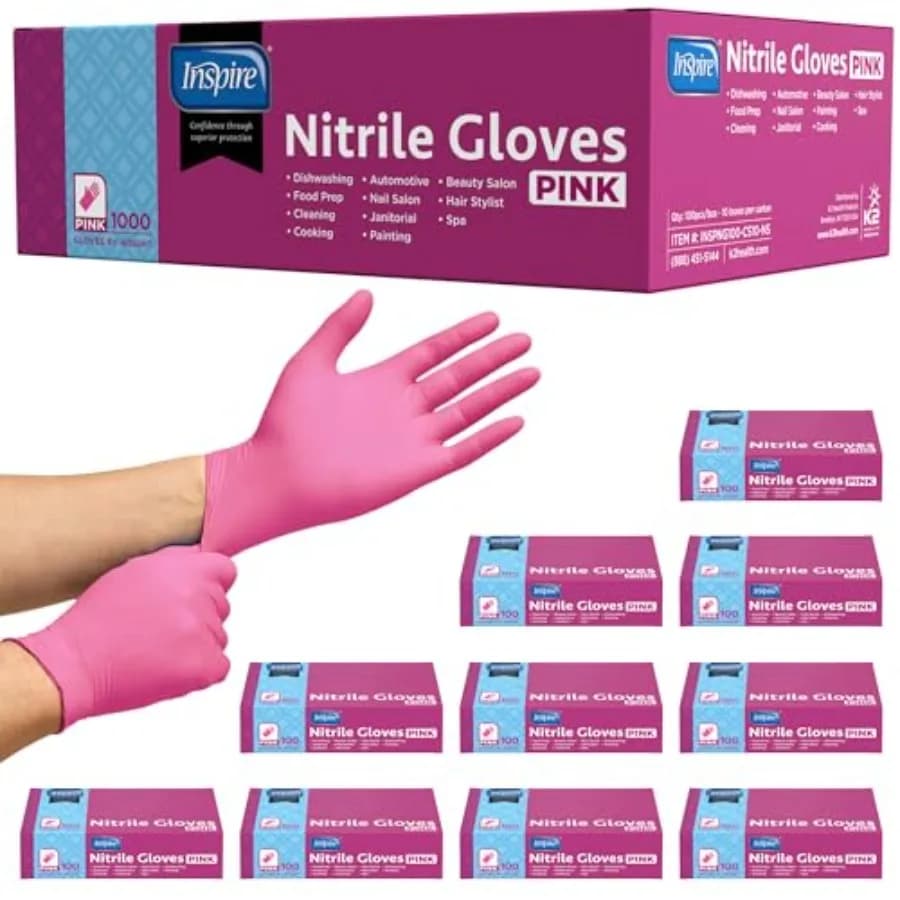 Guanti Rosa Inspire, Monouso Senza Lattice in Nitrile, per Saloni di Bellezza, Estetiste, Parrucchieri