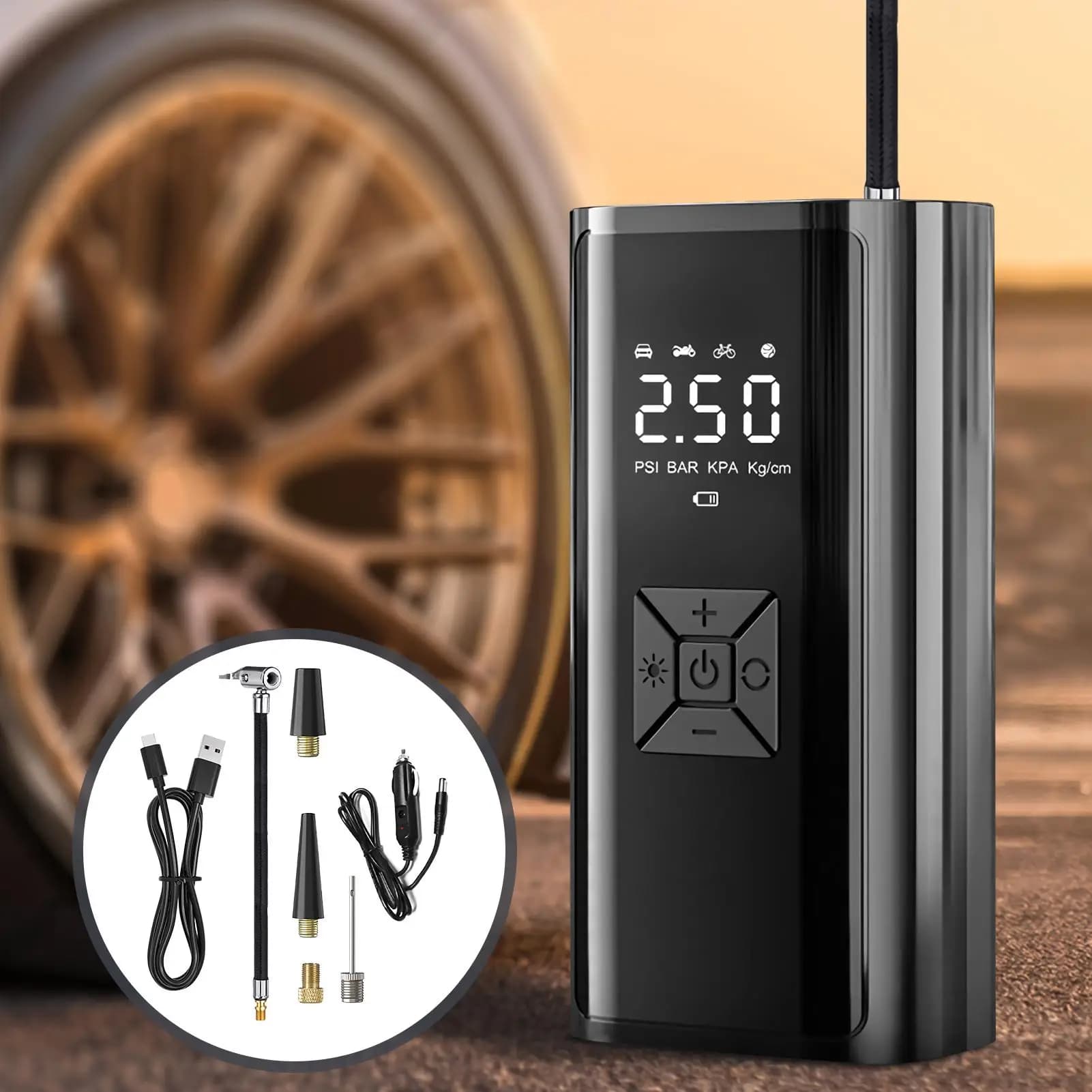 Compressore d'Aria Portatile Intelligente per Gonfiaggio Pneumatici Auto, SUV, Sedan, Camper, Bici, Moto e Viaggi
