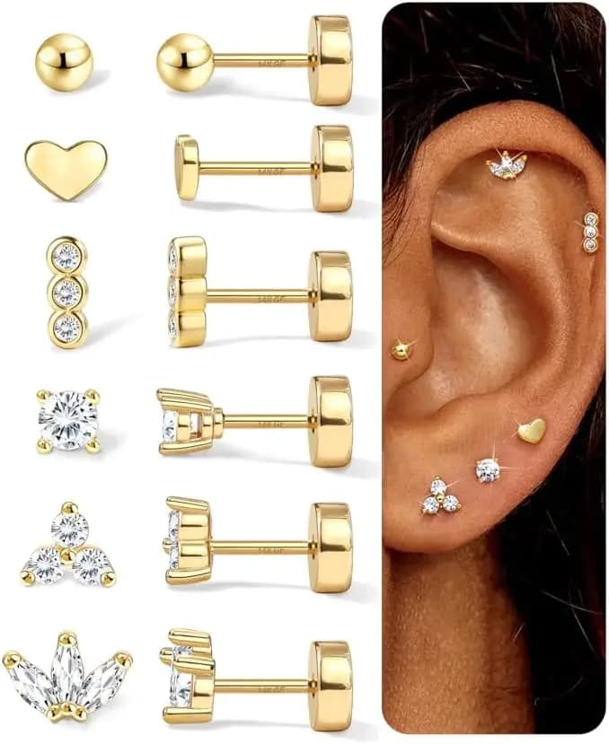Orecchini Ipoallergenici a Perno Piatto in Acciaio Chirurgico Placcato Oro 14K per Donna, Argento/Oro